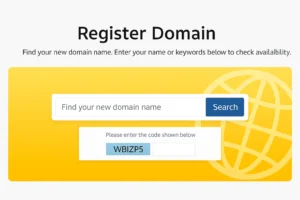 Domain registration interface showing a search bar, CAPTCHA, and a yellow background with a globe icon.