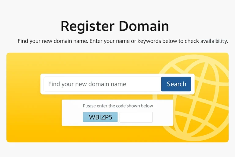 Domain registration interface showing a search bar, CAPTCHA, and a yellow background with a globe icon.