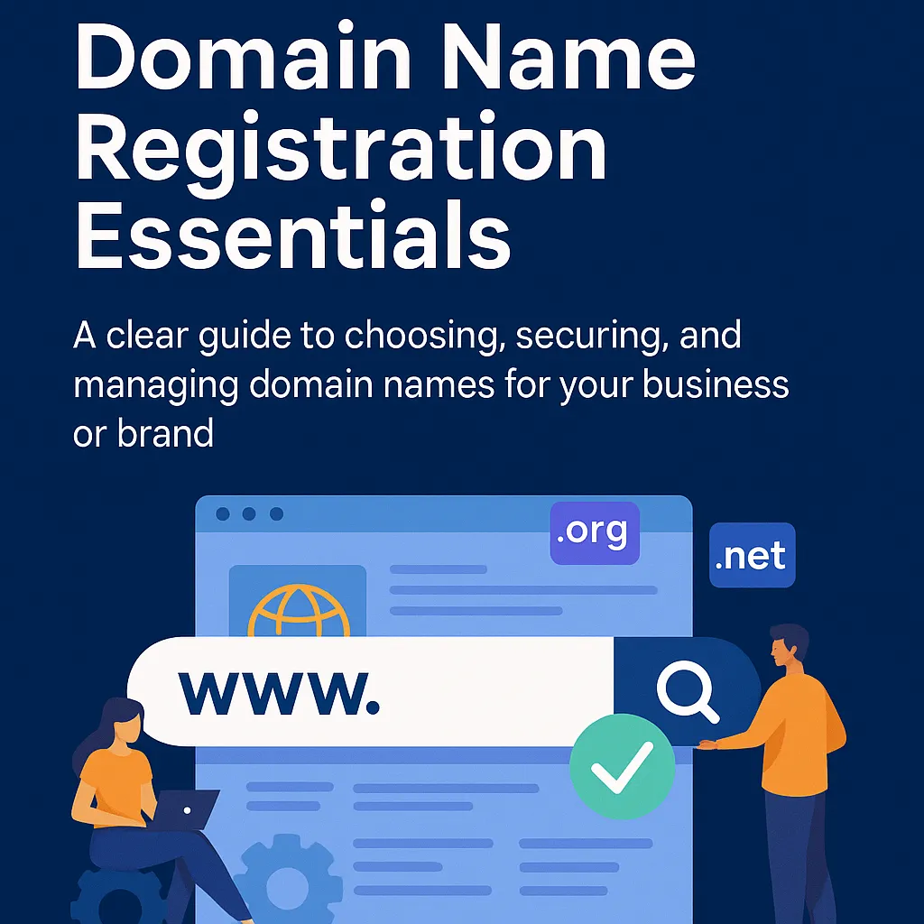 Illustration showing domain name registration with search bar, TLD extensions, and users securing a domain.