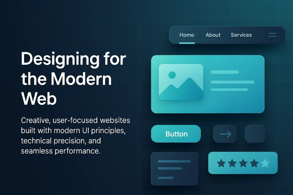 Creative and technical web design UI elements illustrating modern website design principles.